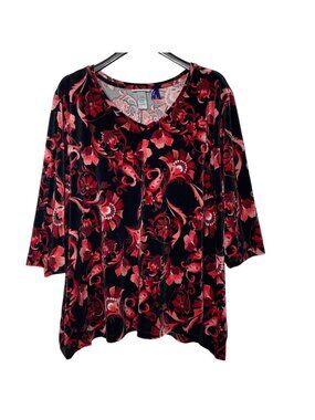 Catherines Dark Floral Velvet Burnout Top Blouse Black Red Sz 3XWP (26/28 WP)